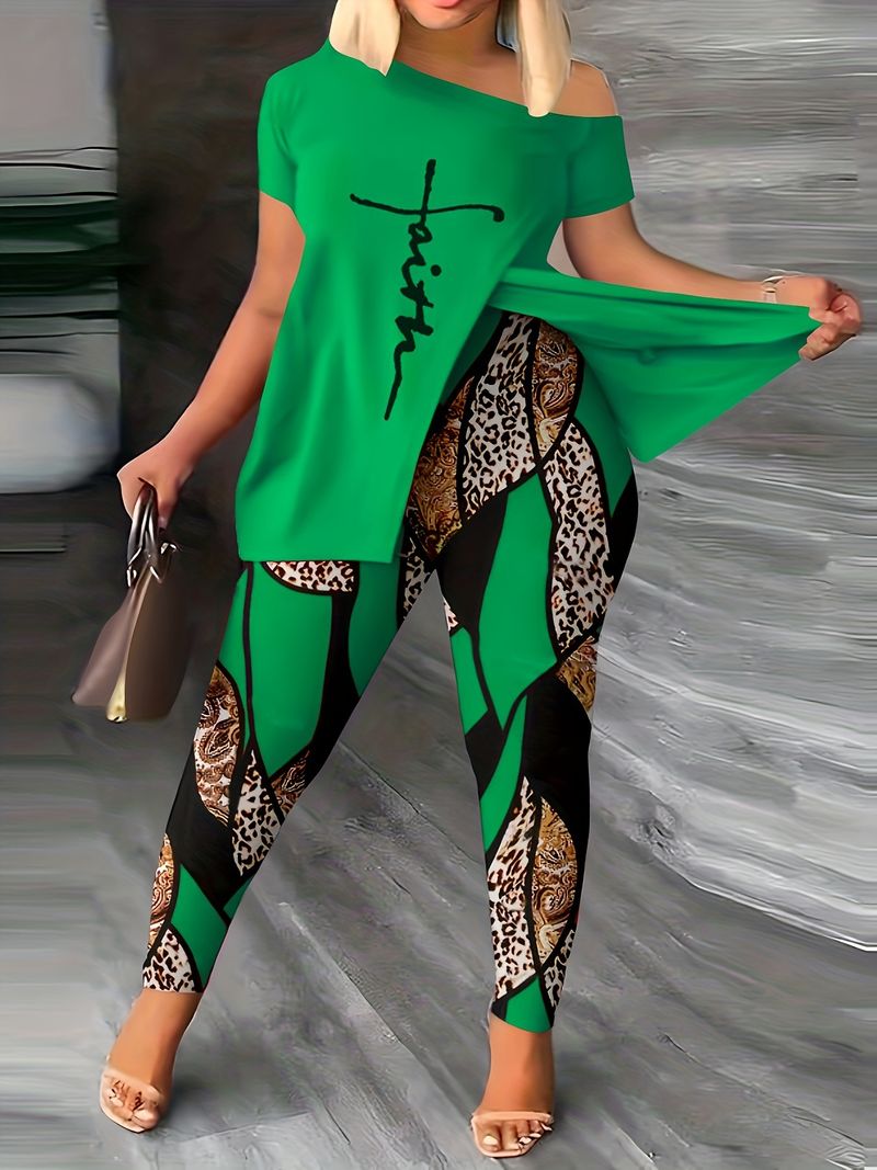 Ensemble deux pièces pour femme avec pantalon à col incliné et imprimé tendance_voghion.com