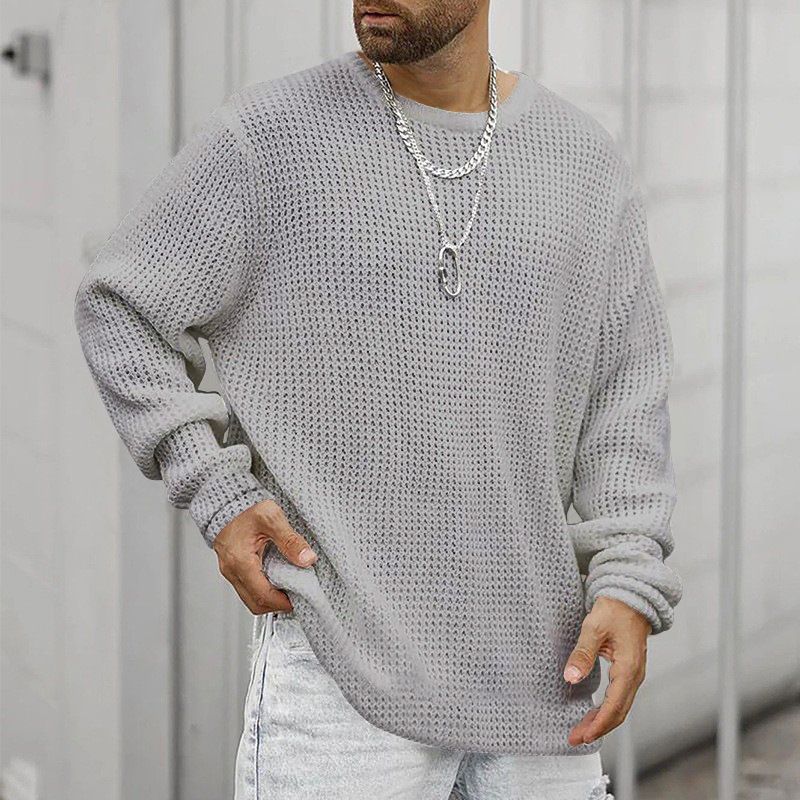 New Waffle Long Sleeved Round Neck Casual Men's Loose Pullover Knitted Sweater_voghion.com