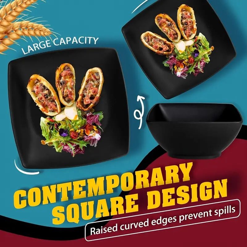 32-piece Plastic Wheat Straw Square Dinnerware Set For 8, Unbreakable Dinner Plates, Salad Plates, Snack Bowls, Tumblers 20 Oz, Black Matte_voghion.com