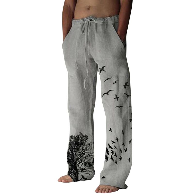 Heren katoenen zomer nieuwe ademende boom- en vogelprint trekkoord linnen broek Fiess streetwear mannelijke dagelijkse casual broek_voghion.com