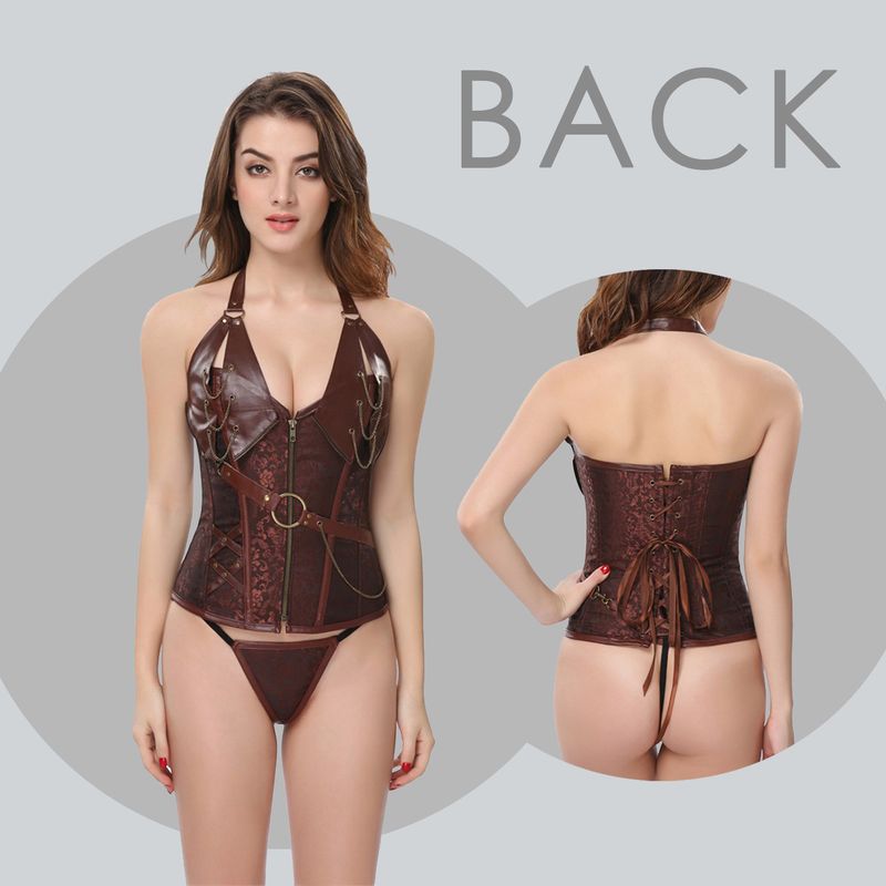 corsetto punk in metallo acciaio uniforme in pelle popolare corsetto modellante in pelle marrone nero con scollo all'americana_voghion.com