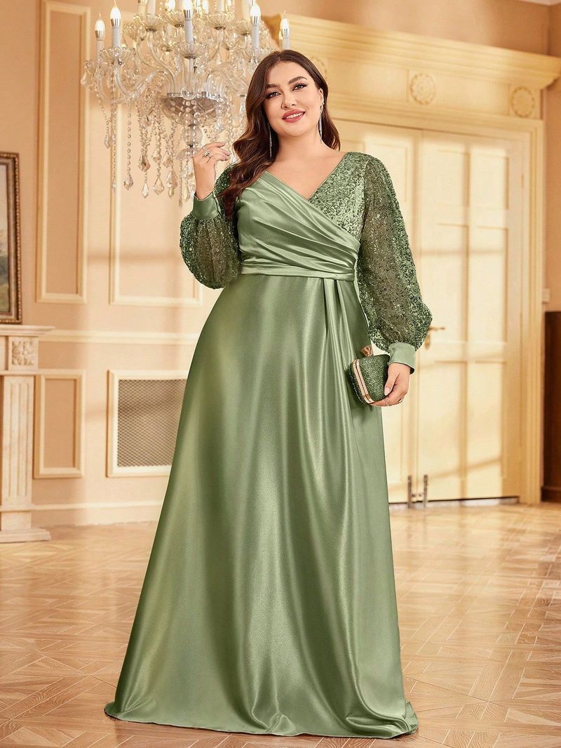 Elegant Plus Size Satin V-Neck Long Sleeve Evening Dress With Sequins, Formal Gown For Women, Available In Green & Navy Blue_voghion.com