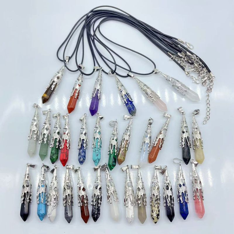Colliers rétro bijoux cristal naturel gemme alliage pendule hexagonal Morning Glory pendentif simple pendentif collier_voghion.com