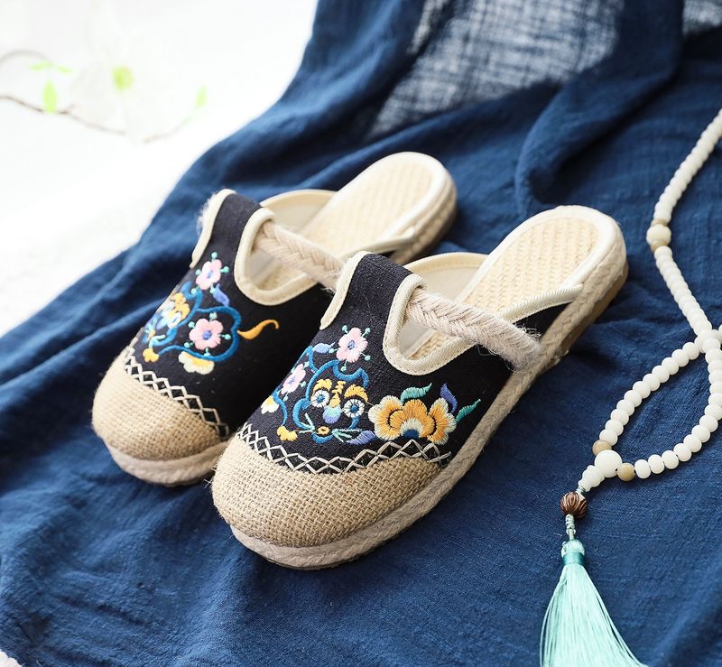 Pantofole, Lino piatto, 2025 Nuove scarpe in tessuto ricamato in stile etnico con alluce, Pantofole da esterno fresche da donna_voghion.com