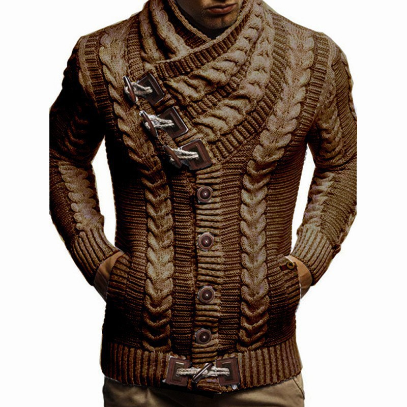 Autumn and Winter New High Collar Cow Horn Leather Button Sweater Men's Knitted Cardigan Top Clothes_voghion.com
