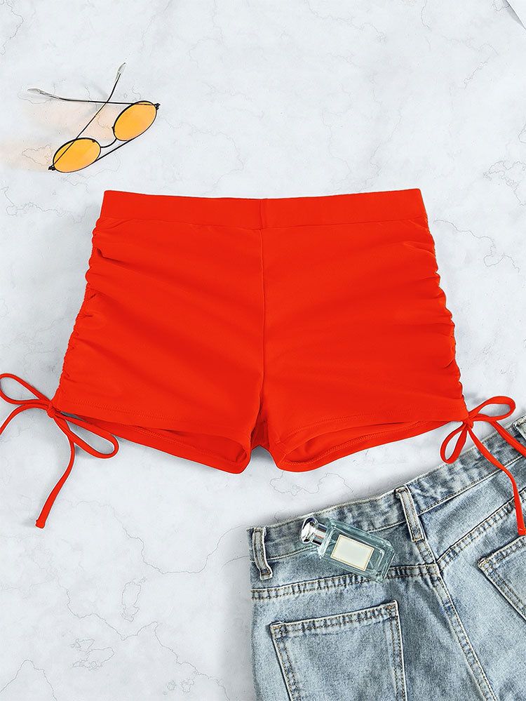 Boxer a pieghe a vita alta aderenti elasticizzati, nuovi pantaloncini da bagno da donna in tinta unita con coulisse sui fianchi, bottoni sui quattro angoli_voghion.com