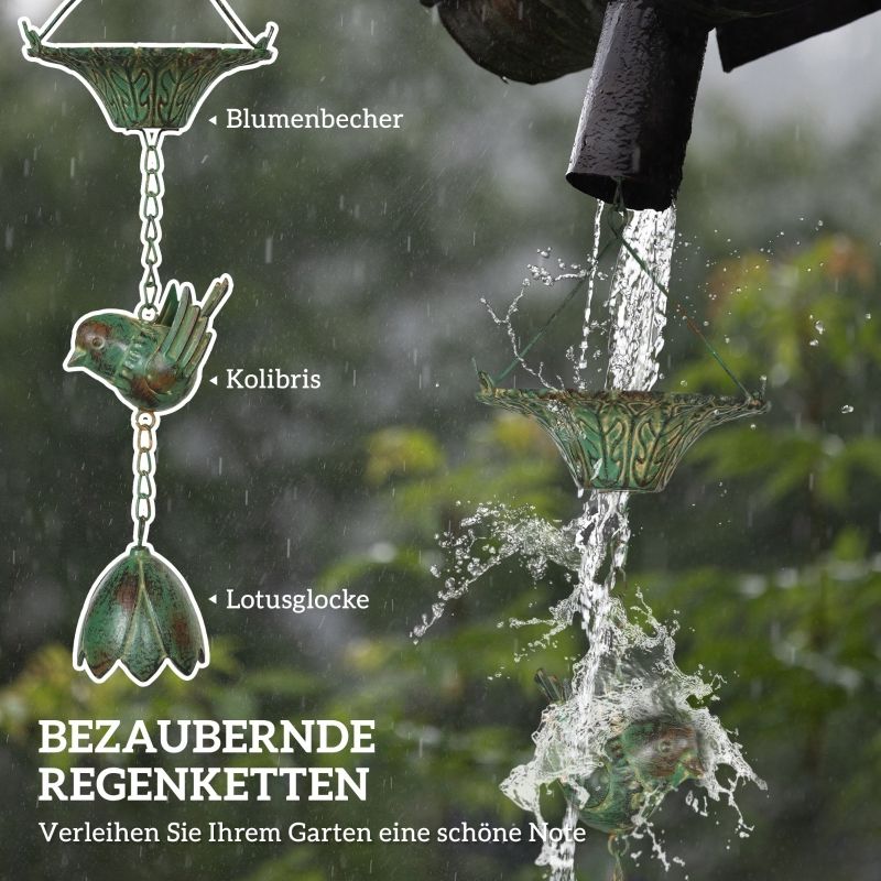 3er Set Regenkette 123 Cm, Metall-Ablaufkette Con Vogelmotiv, Grün_voghion.com