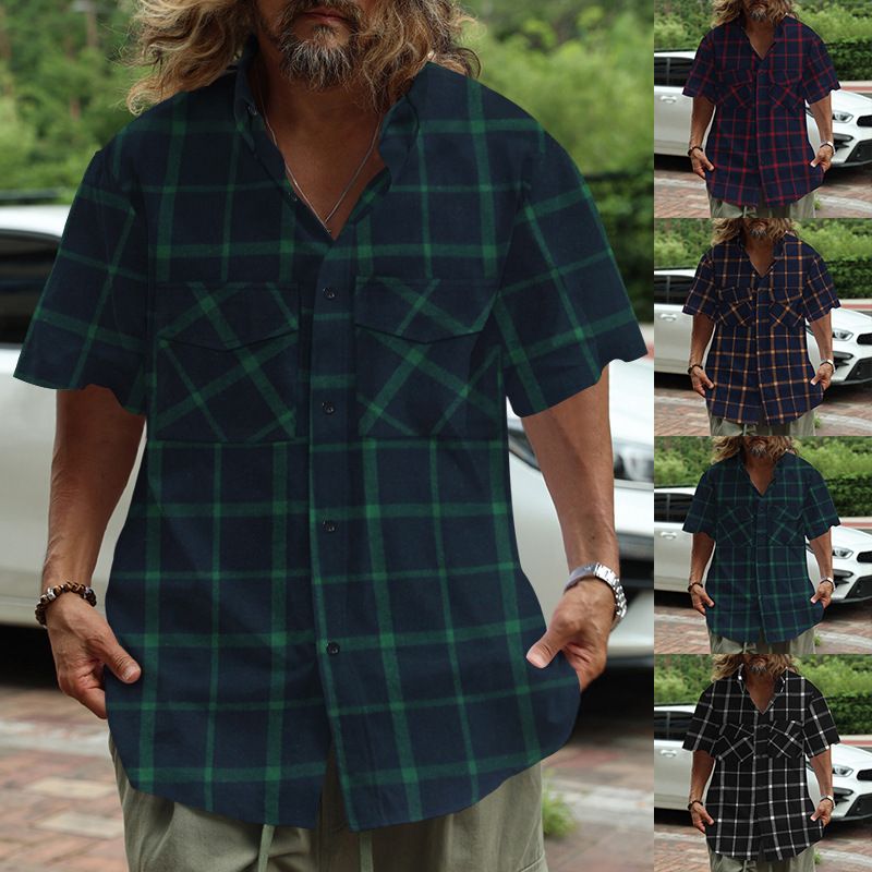 2024 Men's Trendy Plaid Patchwork Buttoned Casual Sports Short Sleeve Shirt_voghion.com