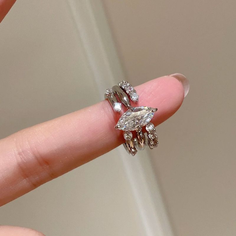 Minimalist Style Three-in-One Stacking With Brilliant Super Sparkling Marquise Zircon Open Ring For Women_voghion.com