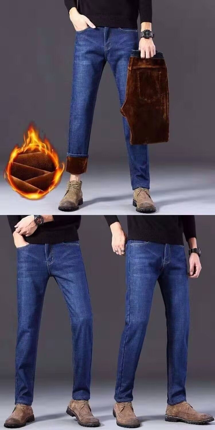 Jean slim pour homme tissé, doublé polaire, coupe ample, doublure polaire, pantalon long chaud et décontracté, idéal pour l'automne et l'hiver (vente en gros). Article très demandé._voghion.com