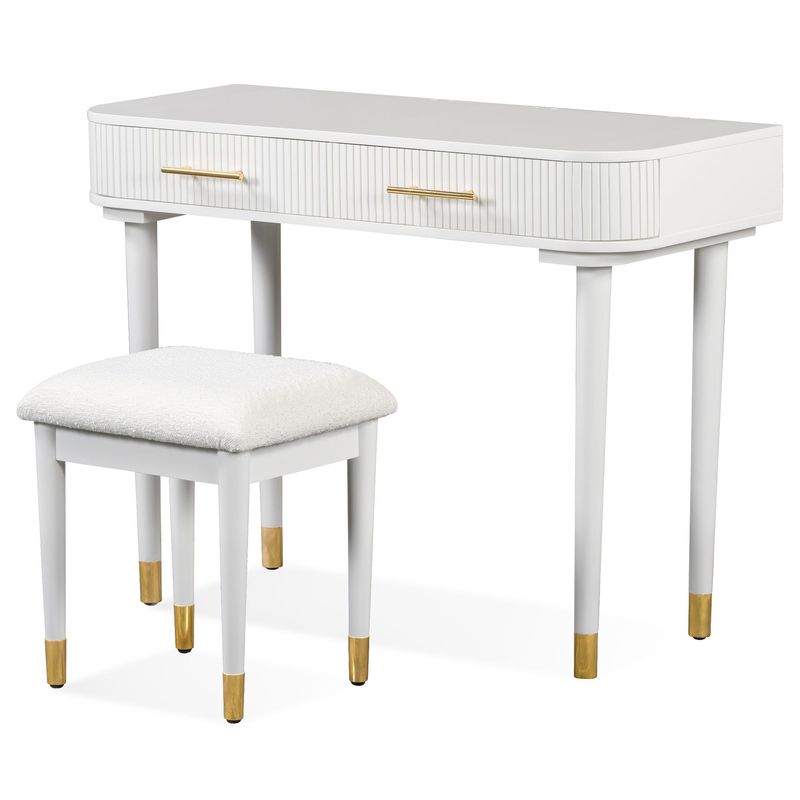 40" Modern Vanity Table Set With Mirror Touch Screen Lighted Mirror, Dressing Table And Cushioned Stool Set With 2 Large Drawers, White_voghion.com