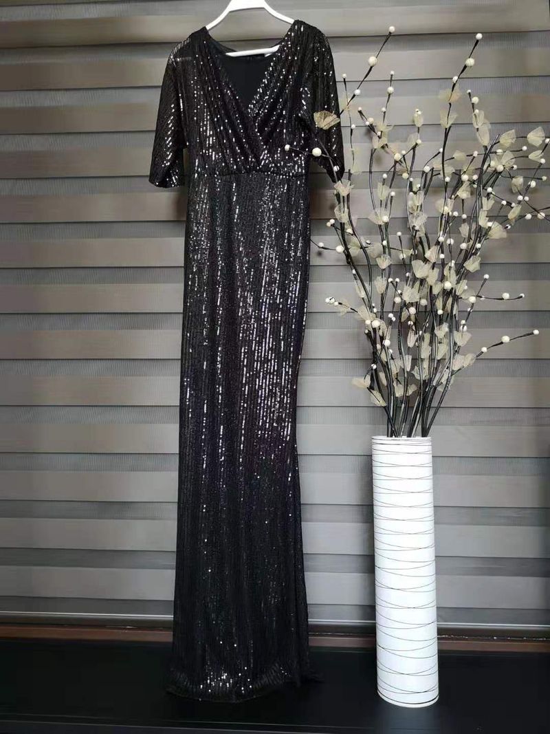 Women's Clothing Elegant Temperament Women's Dress High Elastic Sequins V Neck_voghion.com