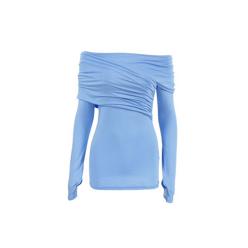2025 Autumn Winter French Style Milk Blue Knitted T-Shirt With A Sense Of Design, Wrapped Chest, Off-Shoulder, Inner_voghion.com