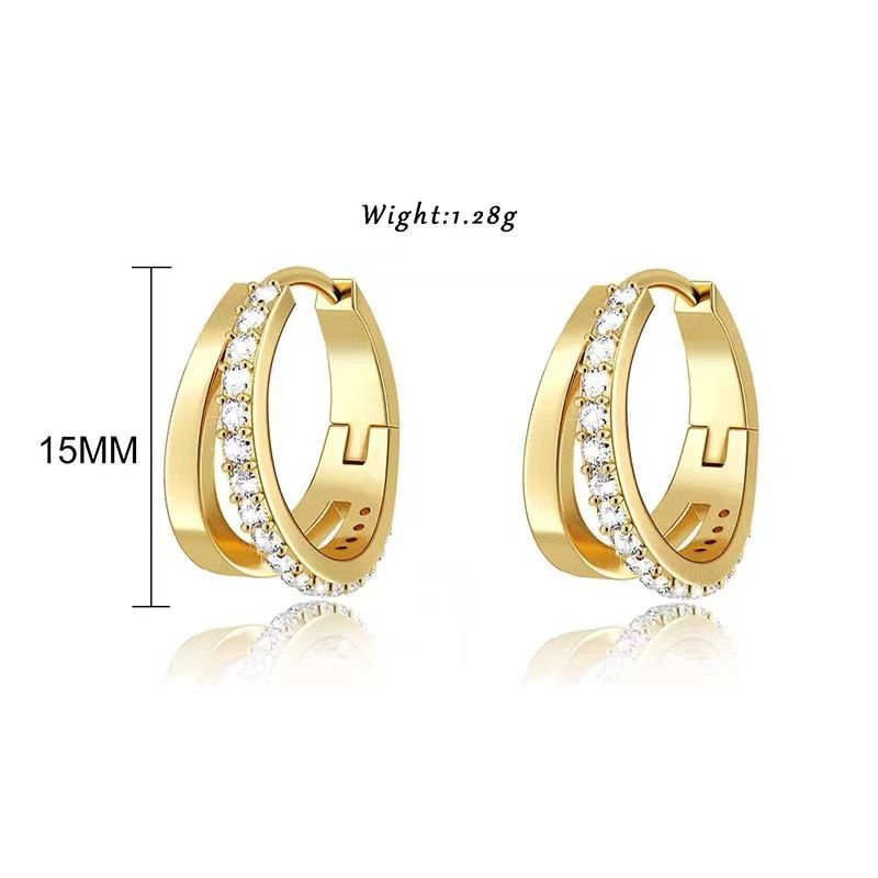 Orecchini da donna con design retrò, semplici orecchini a doppio strato in zirconio intarsiato in rame, temperamento, senso degli orecchini da donna_voghion.com