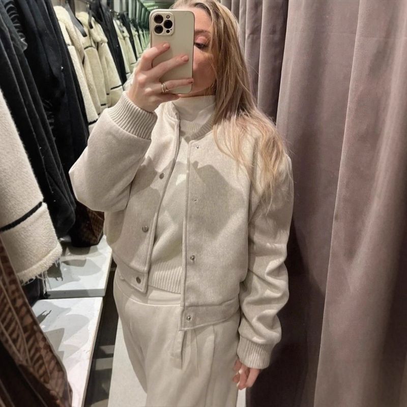 Baseballjacke aus Wollmischung für Damen – Lässiger Bombermantel mit langen Ärmeln und Taschen (S-XL, Khaki)_voghion.com