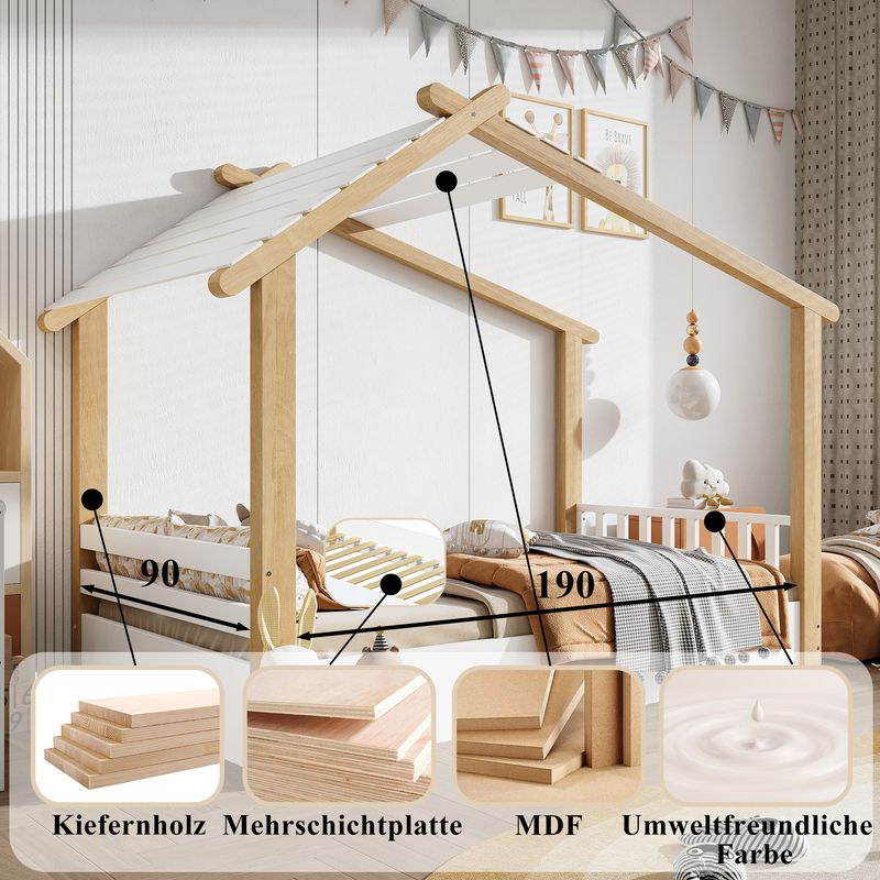 Holzbett 90x190cm In Hausdesign, Schlichtes Design, Bianco+Natur_voghion.com