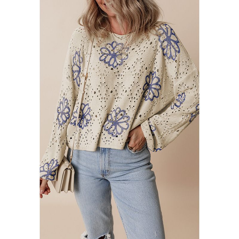 2025 Winter New Floral Print Short Fashionable And Unique Hollow Out Drop Shoulder Knitted Sweater For Women_voghion.com