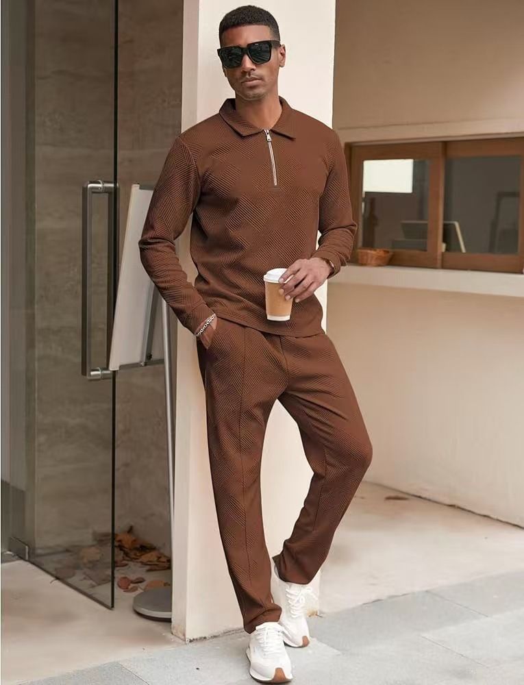 Herrenbekleidung Neue Herren-Jacquard-Langarmhosen Zweiteiler Mode Lässig Sport Einfarbig Anzug Herrenbekleidung_voghion.com