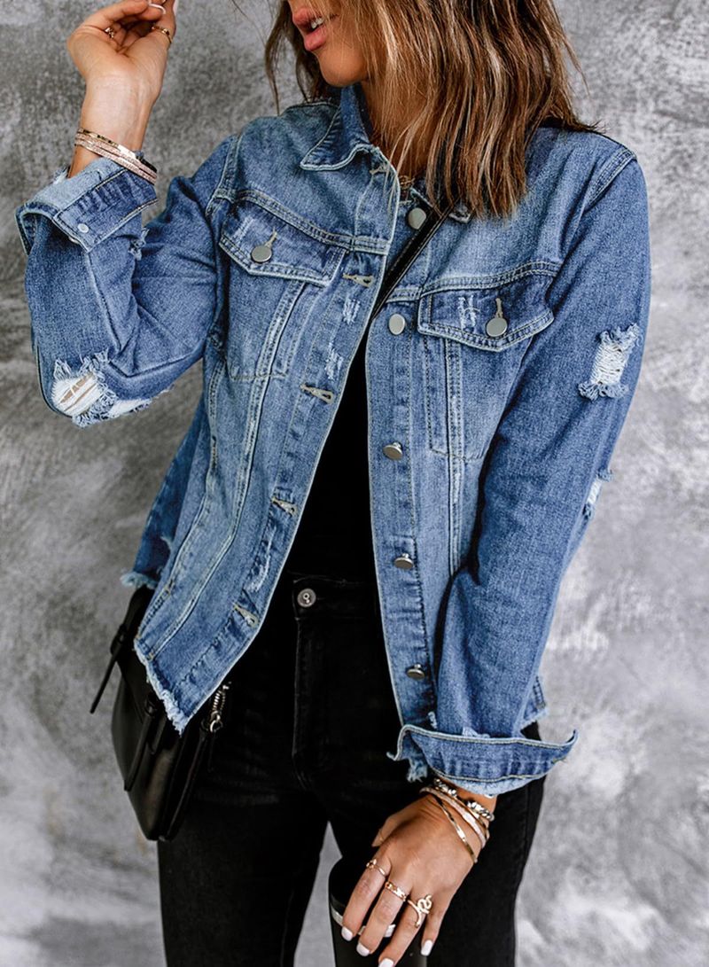 Dameskleding Versleten spijkerjas - Vintage gewassen korte cropped jeansjas met reverskraag en lange mouwen_voghion.com