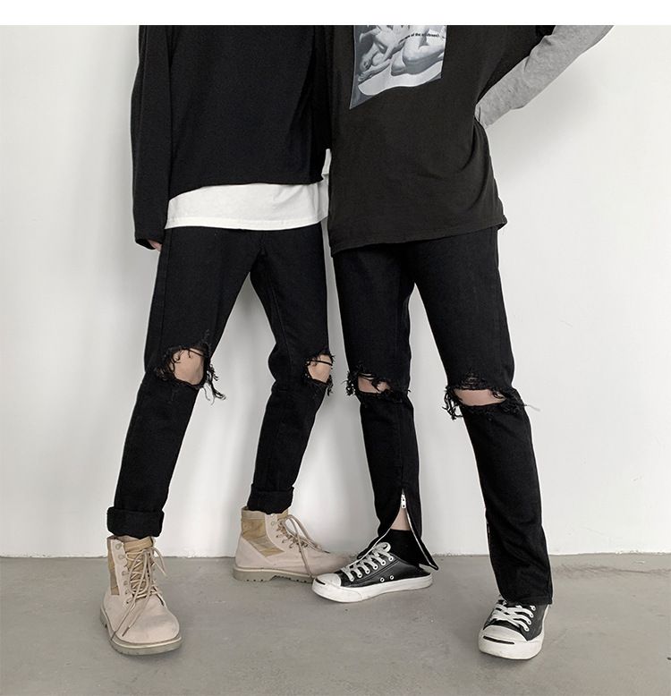 Korean version of trendy high street summer black loose straight leg jeans with large holes for men's casual versatile_voghion.com