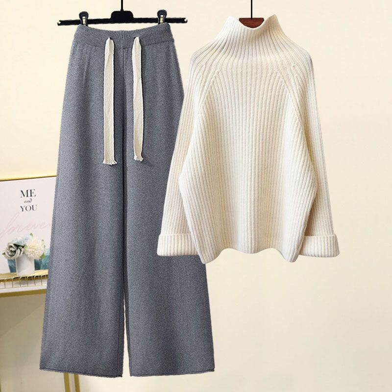 Women's Autumn Knit Sweater & Wide Leg Pants Set - Cozy Oversized Pullover With Flowy Trousers, Casual Loungewear Outfit For Fall_voghion.com