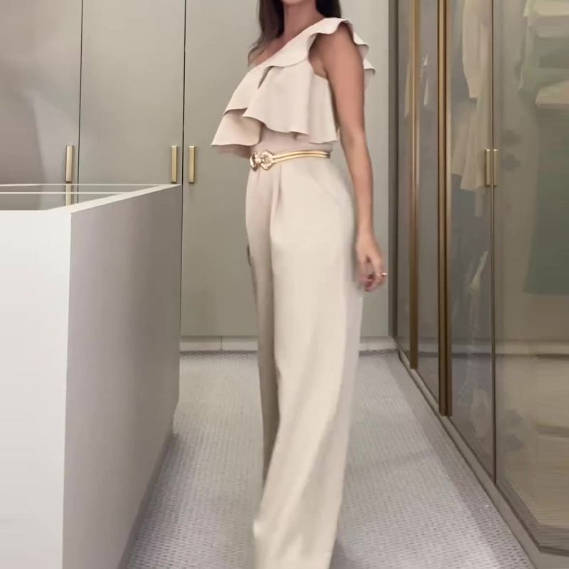 Fall 2023 new European and American cross-border solid color design irregular ruffled slim jumpsuit for women_voghion.com