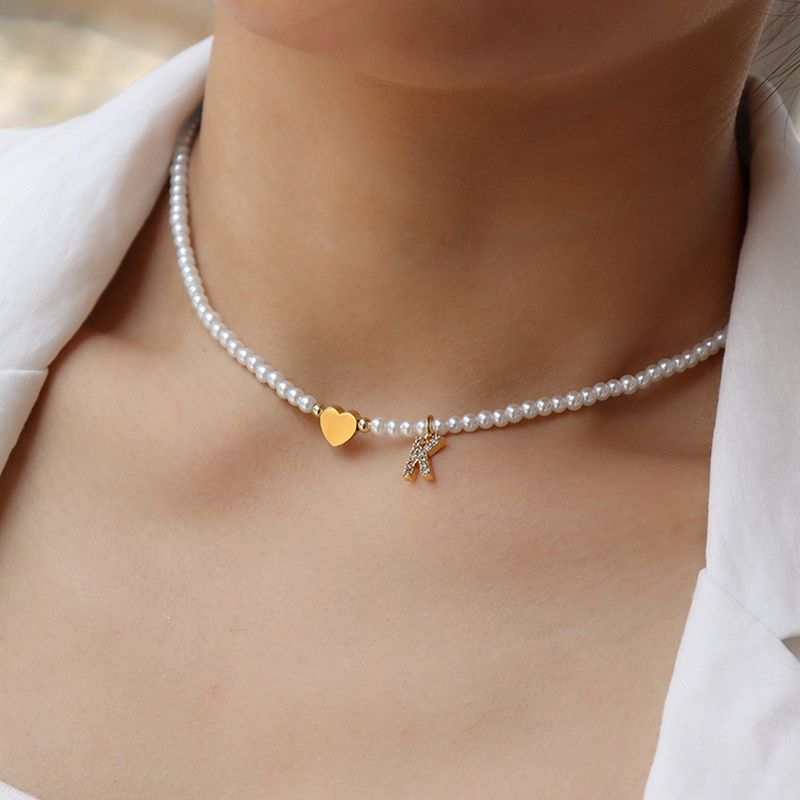2025 Damenmode Damen Buchstaben Abkürzung Anhänger einfache Perlenkette, 3mm Imitation, Schmuckgeschenk_voghion.com