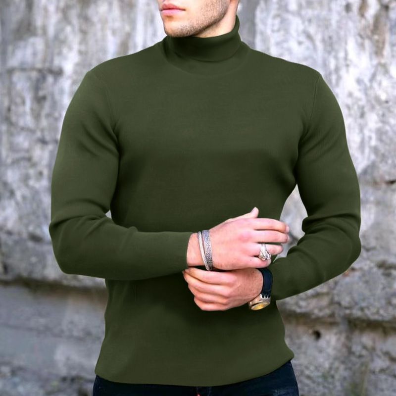 Camisa de punto con cuello alto y manga larga para hombre, color liso, para primavera, otoño e invierno, con parte inferior elástica._voghion.com