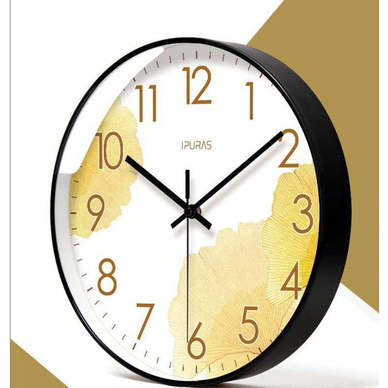 Yipula 6234 Wanduhr im goldenen Ginkgo-Stil für das Wohnzimmer, schlichter nordischer Stil, leise, Sekundenzeiger, Quarzuhr_voghion.com