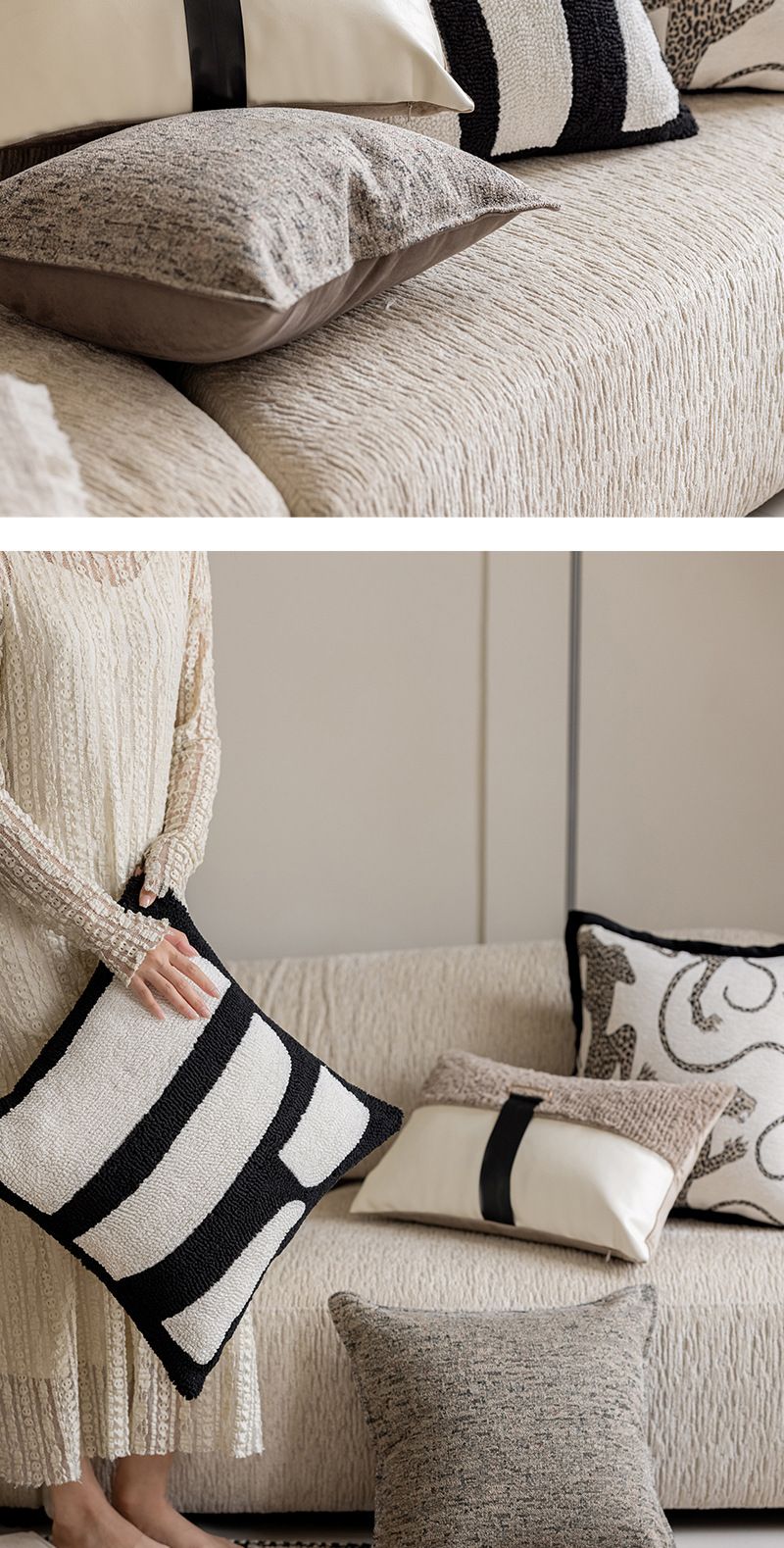 Moderne einfache schwarz und weiß kissenbezug wohnzimmer sofa hohe grade rückenlehne modell zimmer leopard jacquard kissen abdeckung großhandel_voghion.com