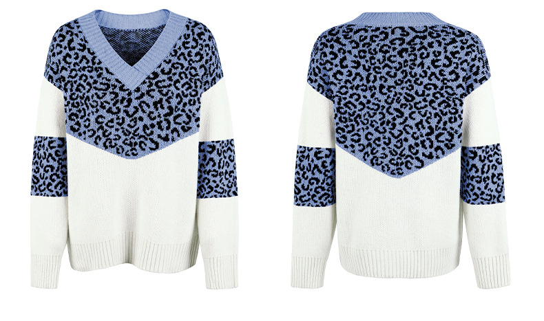 V-Ausschnëtt Leopardnähten Pullover mat Kontrastfaarf_voghion.com