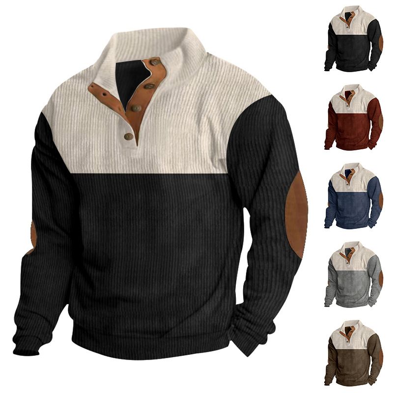 Felpa con risvolto color block casual da uomo, autunno e inverno 2025, taglie forti, in velluto a coste con collo alto_voghion.com