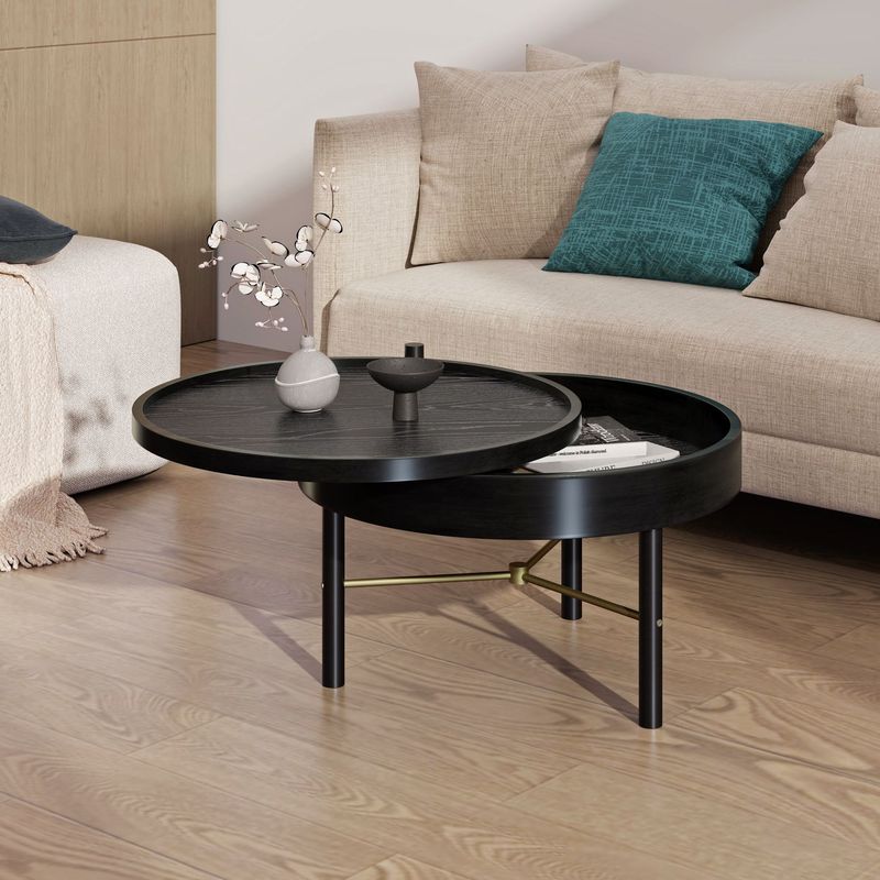 Modern Round Wood Rotating Tray Coffee Table With Storage & Metal Legs_voghion.com