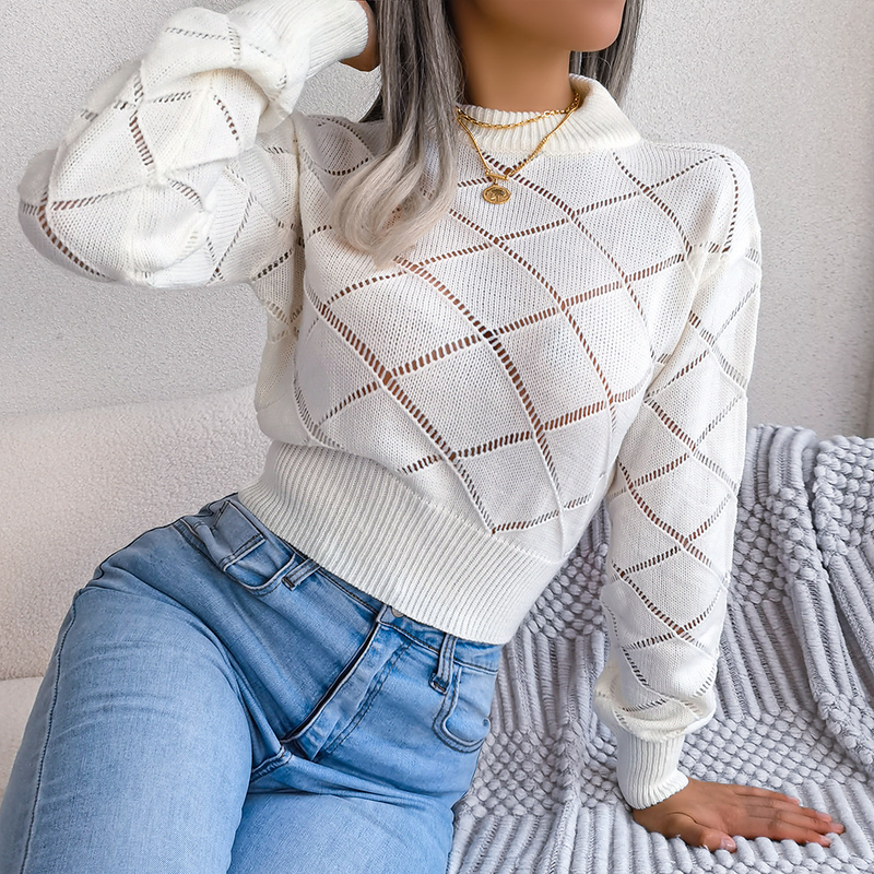 2024 Herbst und Winter Hohl Plaid Langarm Cropped Strickpullover Damenmode_voghion.com