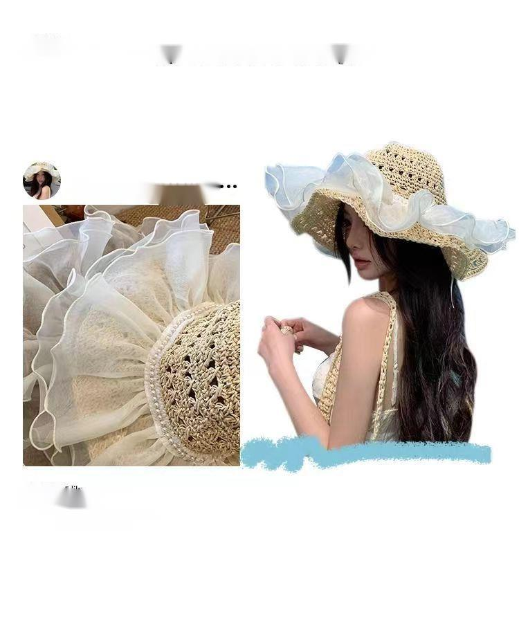 Cappello da sole a tesa larga pieghevole estivo in paglia con pizzo di perle francesi, stile primavera/estate, da donna_voghion.com