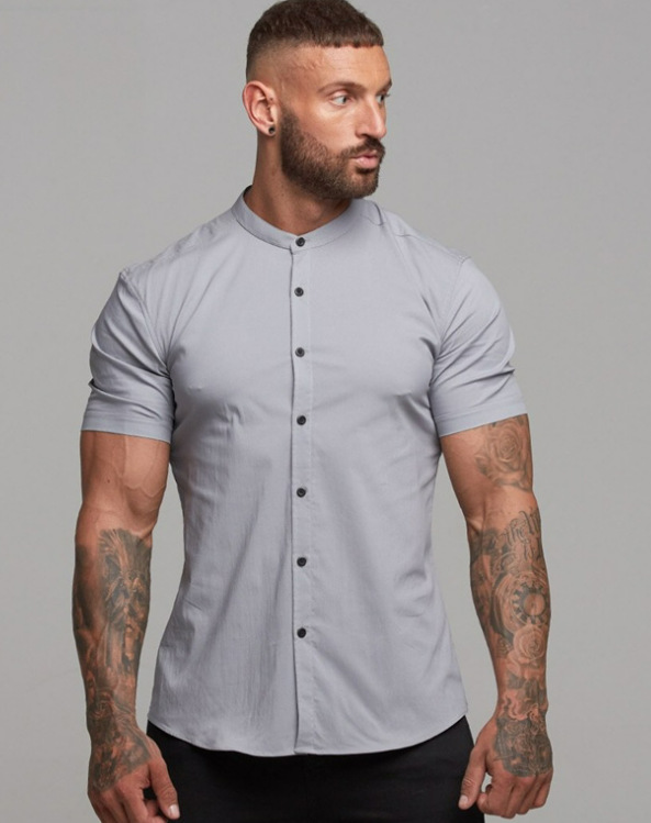 Camicia tinta unita con colletto alla coreana e maniche corte Lanting da uomo_voghion.com
