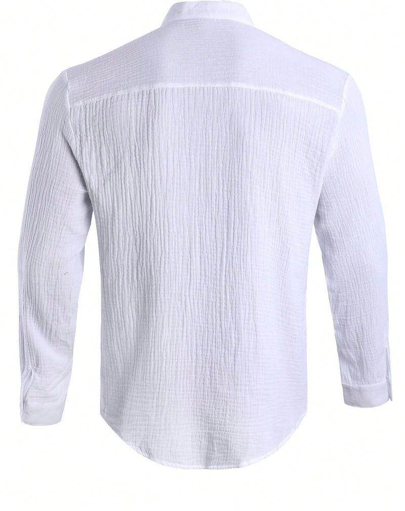 Camicia casual da uomo a maniche lunghe, leggera, matura, tinta unita, con colletto alto e bottoni._voghion.com