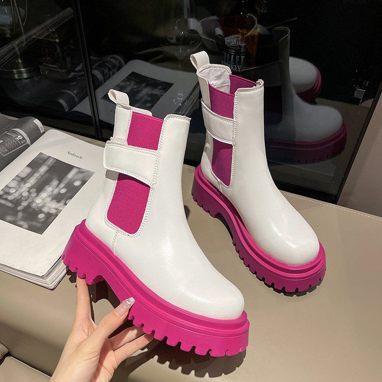 B arbie Pink Martin Women's 2024 Autumn New British Style C helsea Mid length Short Boots Fashion Thick Heel Cigarette for_voghion.com