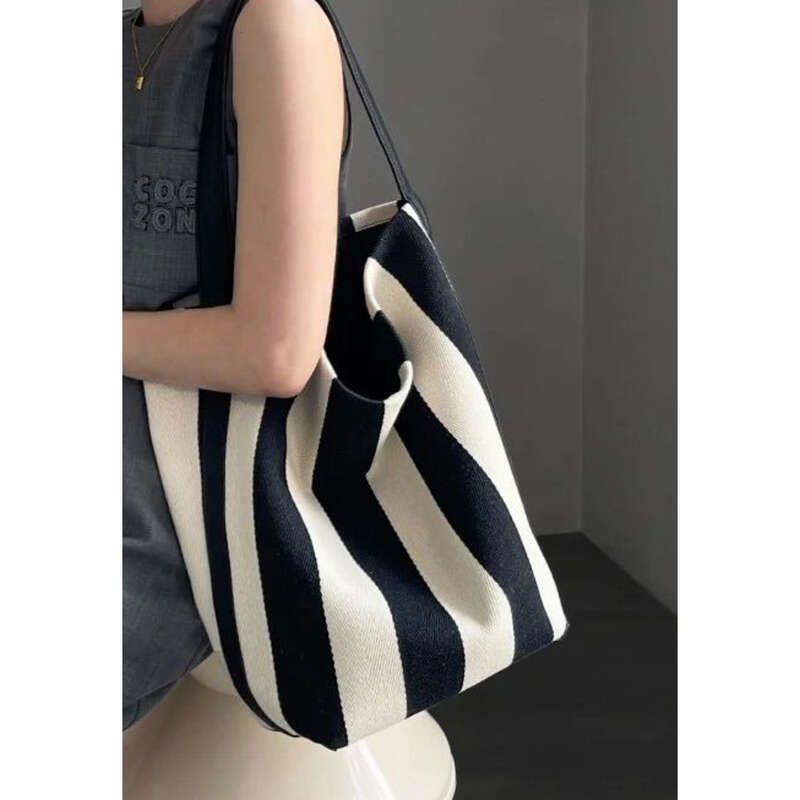 Striped Canvas Bucket Capacity Niche New 2025 Shoulder Women's Bags_voghion.com