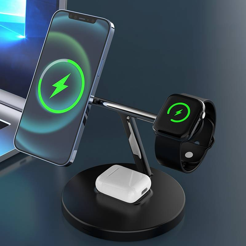 3-in-1 15W Magnetic Mobile Phone Earphone Watch Wireless Fast Charger(Black)_voghion.com