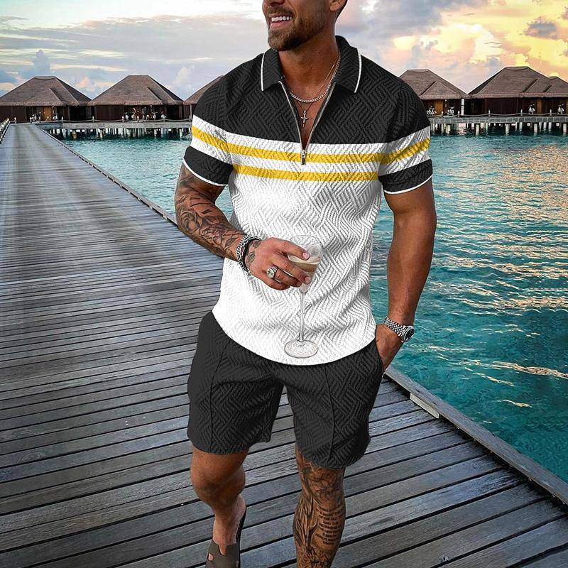 Neues modisches Poloshirt-Set mit Reißverschluss für Herren, lässig, mit 3D-Druck, kurzärmelige Hemden und Shorts_voghion.com