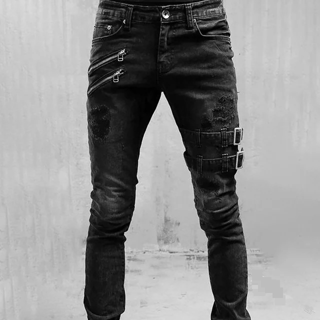 Men's Solid Color Slim Fit Ripped Jeans_voghion.com