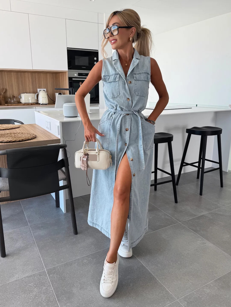 Abito lungo senza maniche con lacci in vita e monopetto in denim da donna, nuovo, NZ88_voghion.com