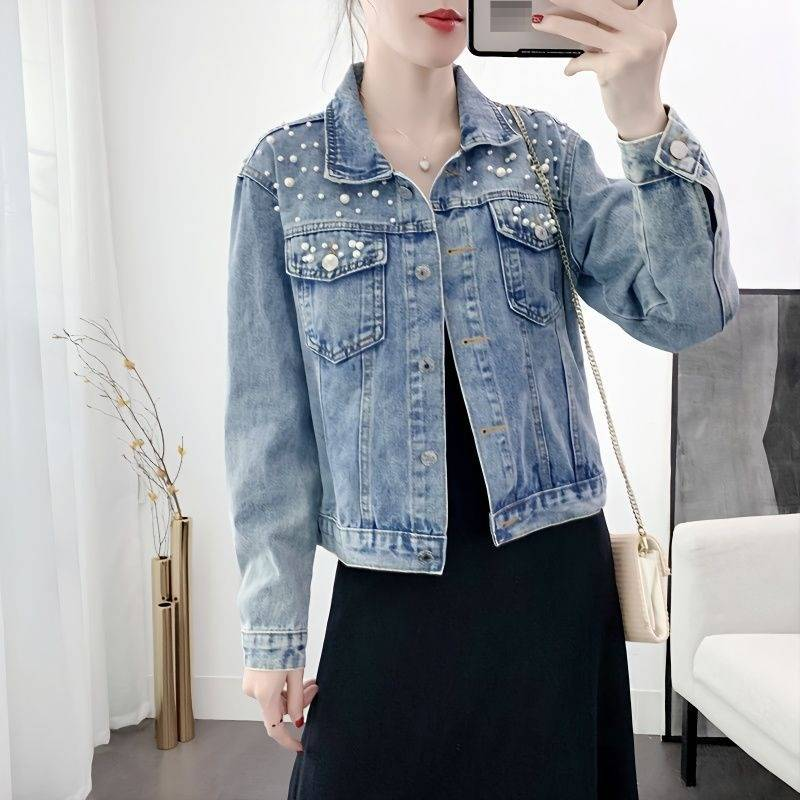 Distressed Denim Jacket Women's Casual Blazer With Rhinestone Embellishments, Light Blue Oversized Coat For Students & Plus Size_voghion.com