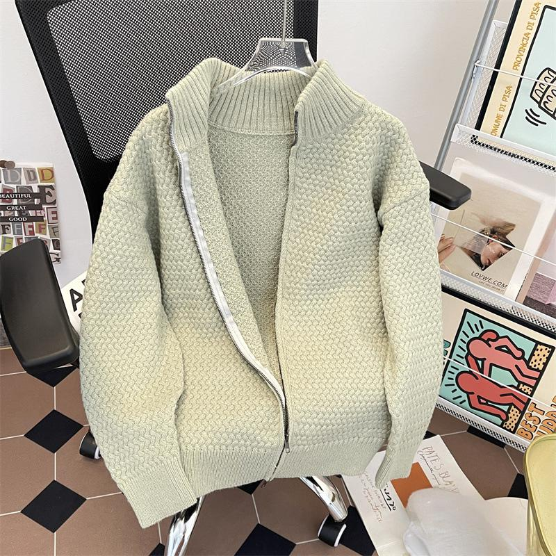 Men's Clothing Autumn And Winter Men's Stylish Zip-Up Knit Sweater With Stand Collar - Trendy Autumn Winter Pullover Cardigan (Navy, Grey, Green)_voghion.com