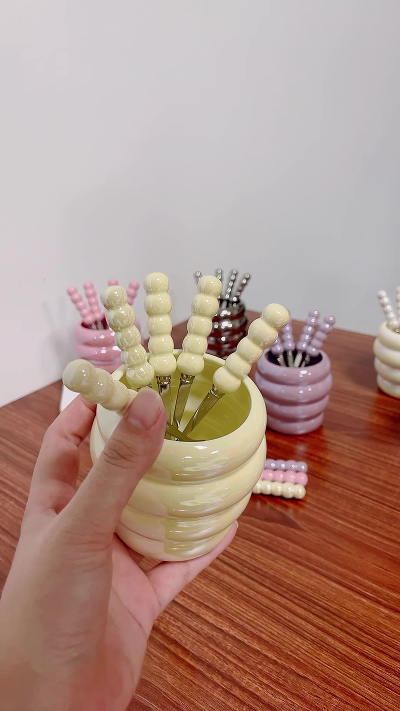 Light Luxury Ins Pearl Fruit Fork Set Creative Colorful Ceramic Storage Jar Household SUS 304 Fork Fruit Fork Jar 6 Forks A Ceramic Jar_voghion.com