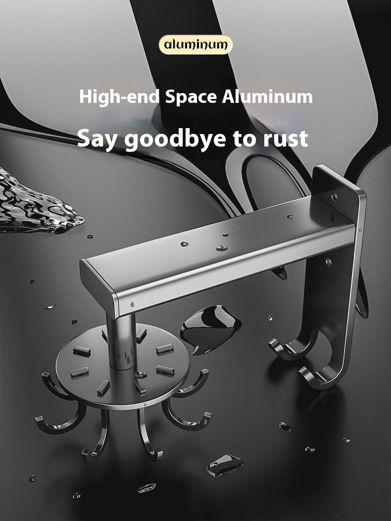 Wall Mounted Rotating Kitchen Utensil Holder, Aluminum Space-Saving Cookware Organizer With Hooks, No Drill Hanging Rack_voghion.com