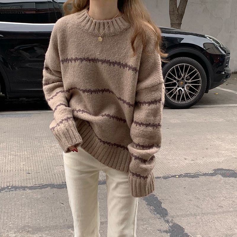 Japanese Retro Striped Knit Sweater Women's Loose Fit Long Sleeve Turtleneck Pullover - Soft Comfortable Chunky Knit Casual Top_voghion.com