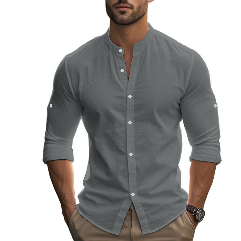 Camicia da spiaggia a maniche lunghe, semplice, traspirante, in lino, casual e ampia, da uomo, stile hawaiano, stile transfrontaliero americano._voghion.com