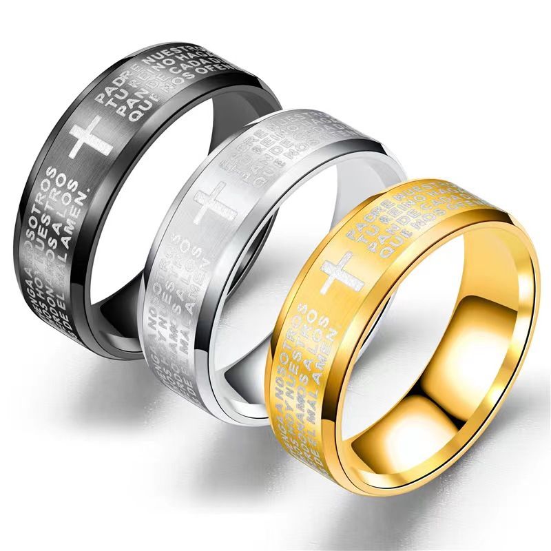 Anello a croce con preghiera del Signore da 8 mm in vendita, in acciaio inossidabile e argento, per uomo, fede nuziale, anelli della Bibbia, lucidati | Fede cristiana di Gesù e preghiera_voghion.com